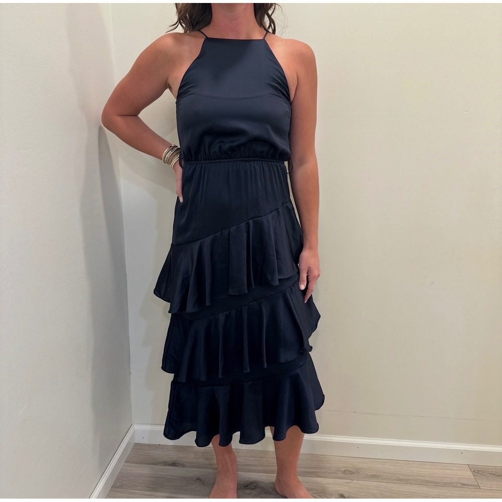 Petal + Pup NavyBlue Satin Halter Tiered Ruffle Midi Dress Size2 autumn wedding
